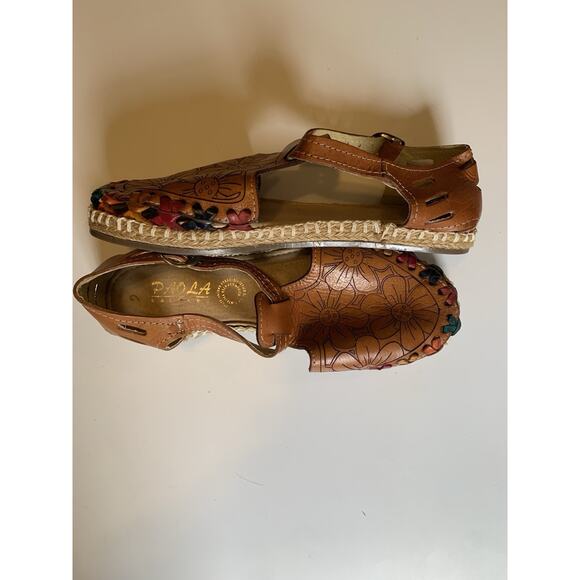 Women’s Brown Leather Floral Espadrille Sandals Ankle Strap ~Size 9.5 - Picture 2 of 6